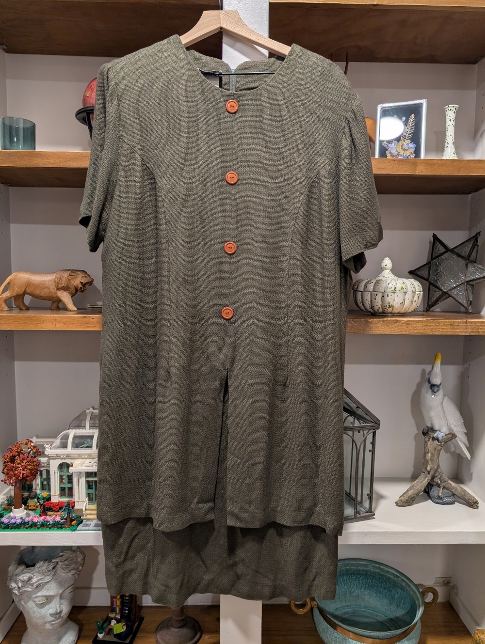 90s Vintage KC Spencer Green Tweed Layered Button Front Dress Size 16 W